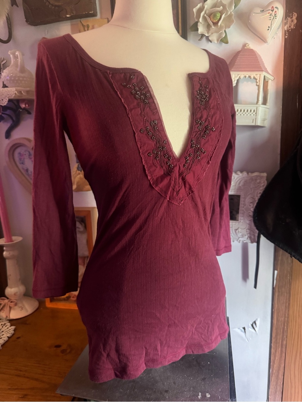Vintage Hollister Deep V Embroidered Long Sleeve Top - Burgundy
